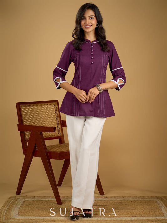Elegant purple cotton top beautifully finished with delicate lace detailing