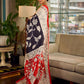 Classic Black & White Kalamkari Pure Silk Saree with Bold Red Contrast Border