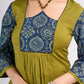Olive Cotton Designer Top with Ajrakh Yoke and Statement Neckpiece-Tie Up Drawstring