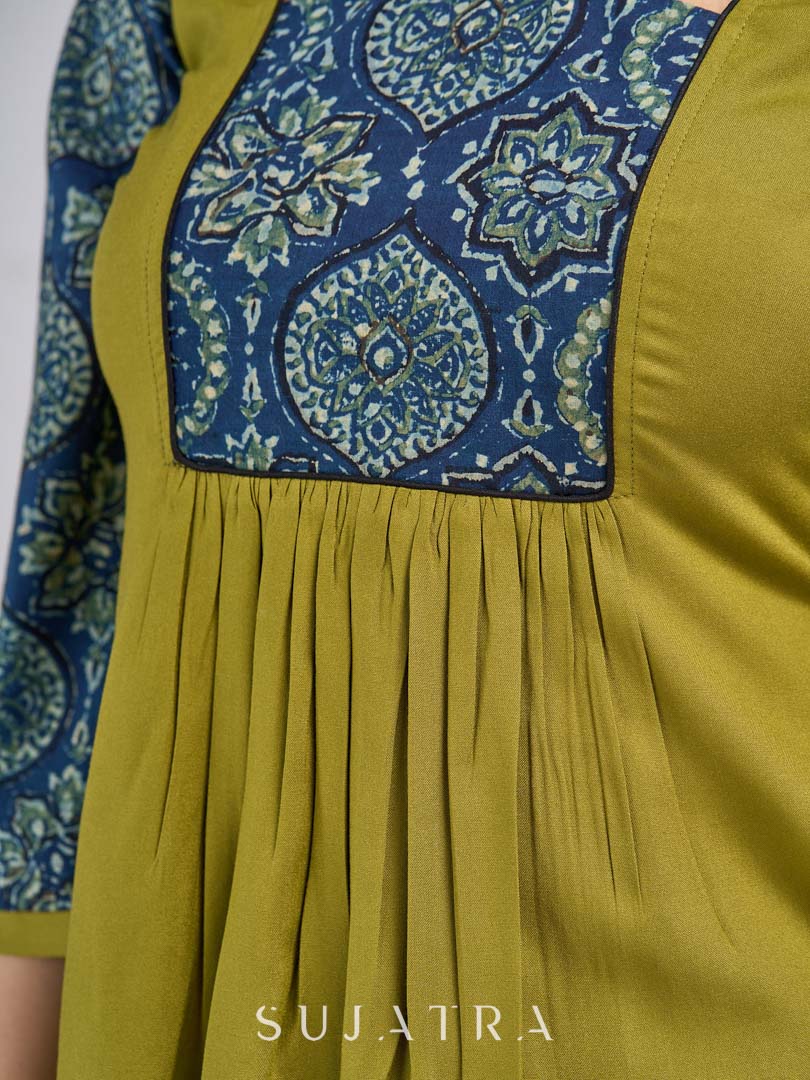 Olive Cotton Designer Top with Ajrakh Yoke and Statement Neckpiece-Tie Up Drawstring