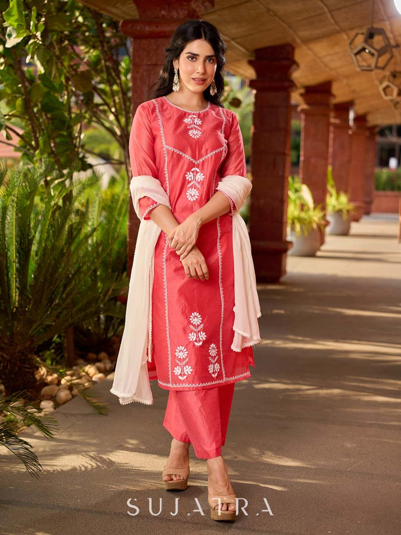 Minimal Coral Chanderi Kurta with Detailed Chikankari Embroidery & Soft Finish