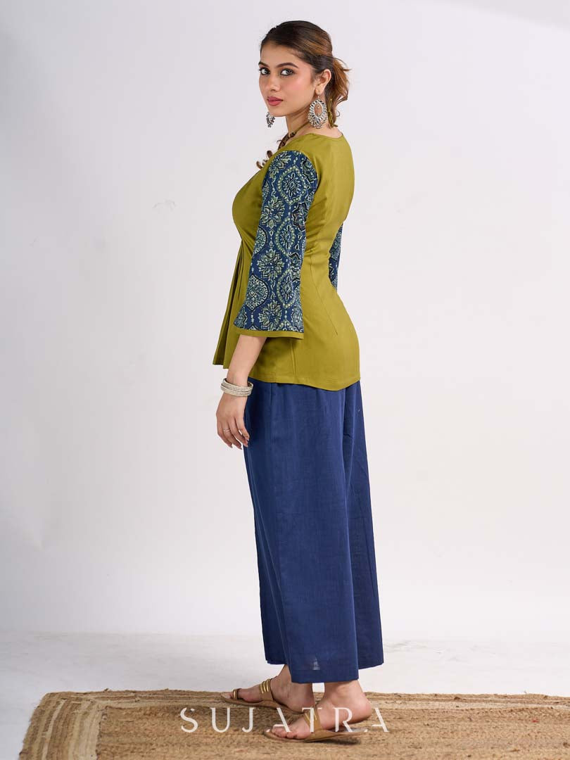 Olive Cotton Designer Top with Ajrakh Yoke and Statement Neckpiece-Tie Up Drawstring
