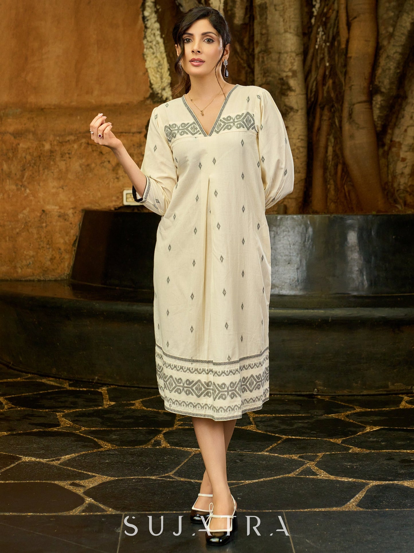 Classic White V-Neck Jamdani Weave Dress