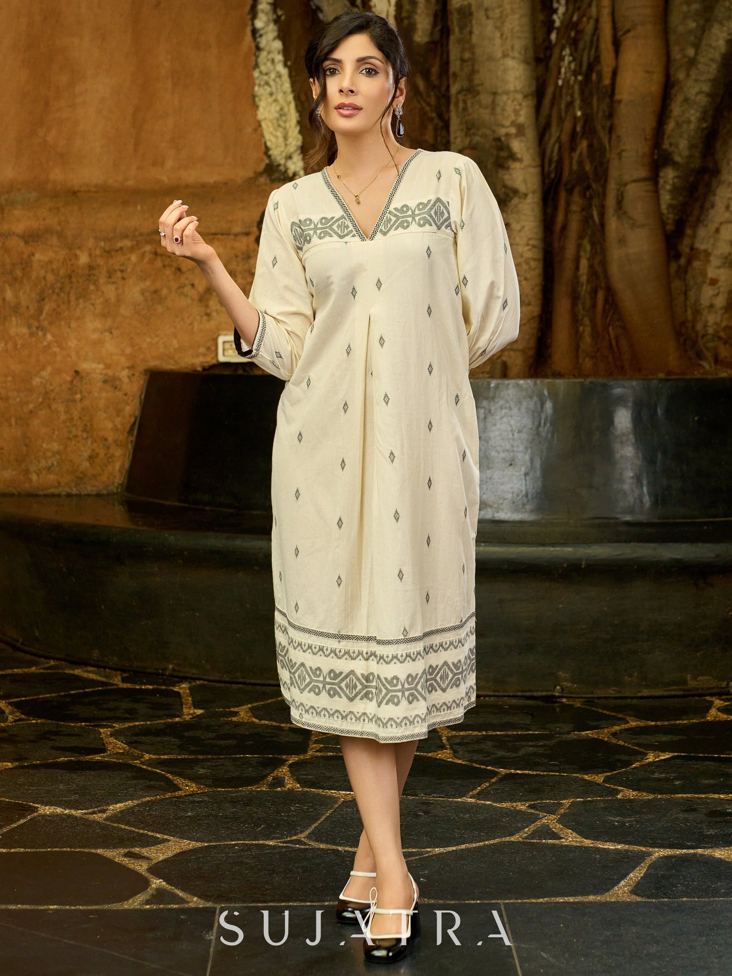 Classic White V-Neck Jamdani Weave Dress