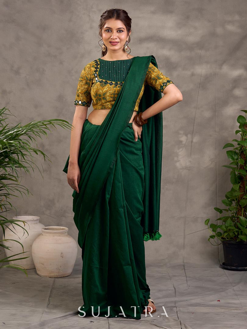Mustard Ajrakh Print Cotton Blouse with Pintucks Detailing & Mirror Work