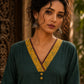 Classic Teal Cotton Kurta with Ajrakh Printed V-Yoke & Double Cuff Band Detail