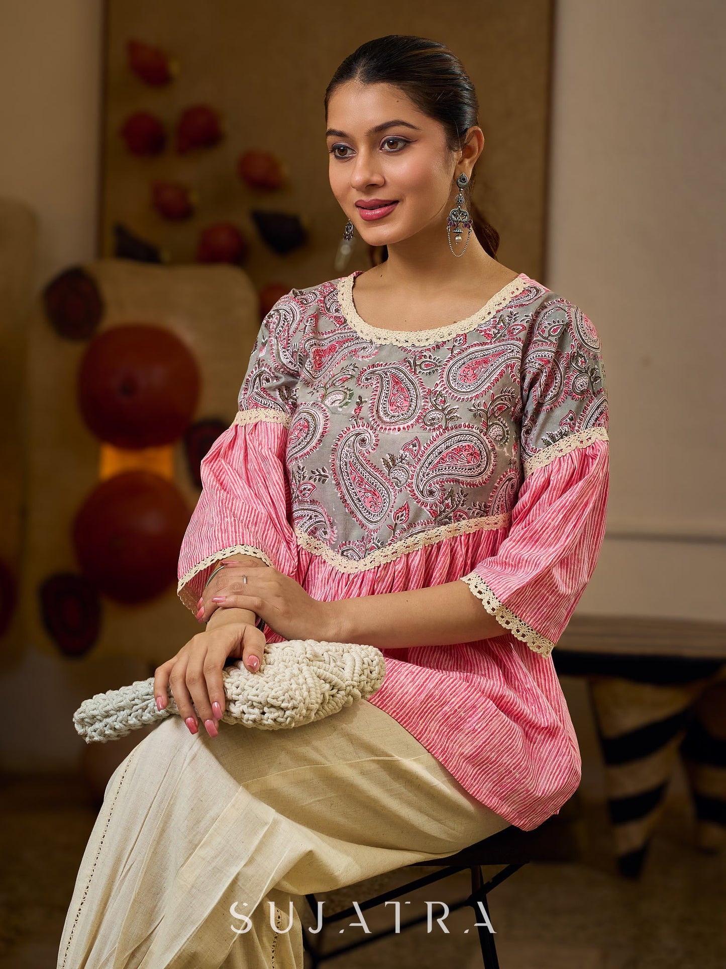 Graceful Pink Gathered Top Featuring A Paisley Printed Yoke And Coordinated Sleeves