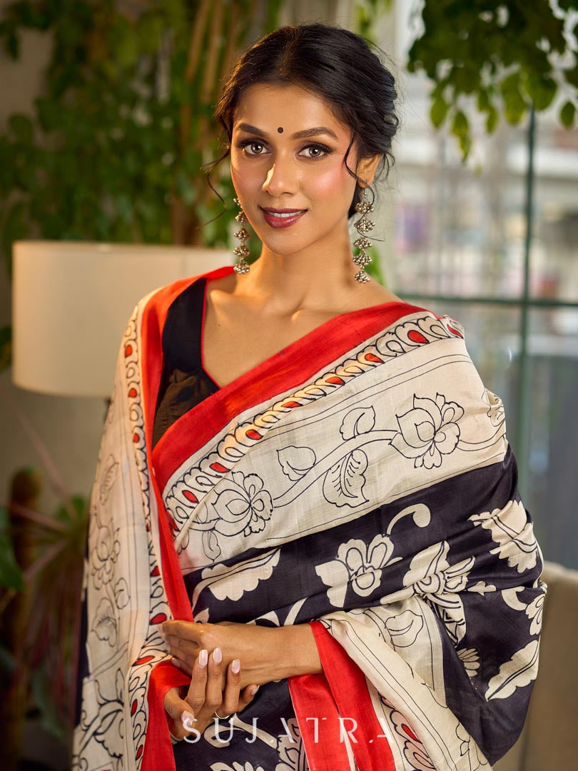 Classic Black & White Kalamkari Pure Silk Saree with Bold Red Contrast Border