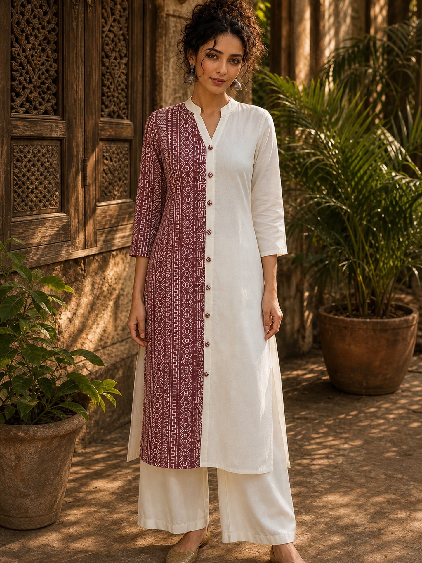 Vivid Dusty Pink & Ivory Half & Half Kurta with Tribal Print Panel & Contrast Button Placket