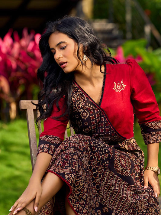 Indie Charm Maroon & Black Ajrakh Patchwork Print Dress