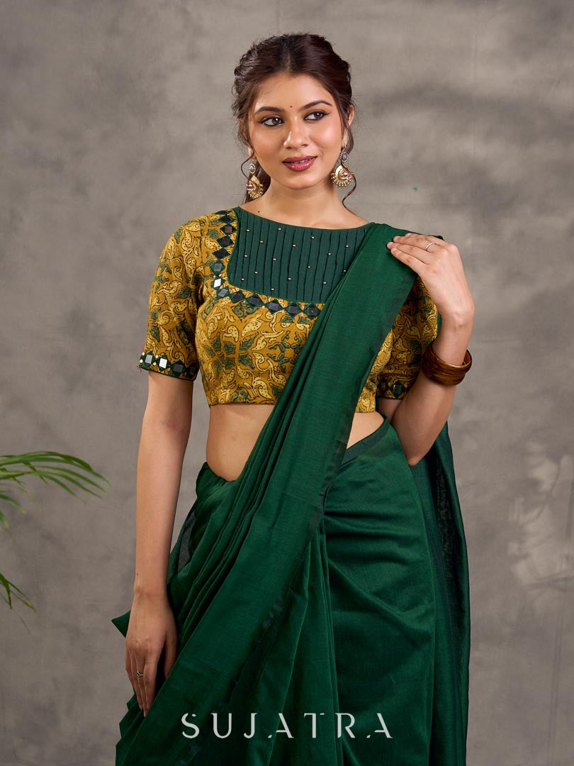 Mustard Ajrakh Print Cotton Blouse with Pintucks Detailing & Mirror Work