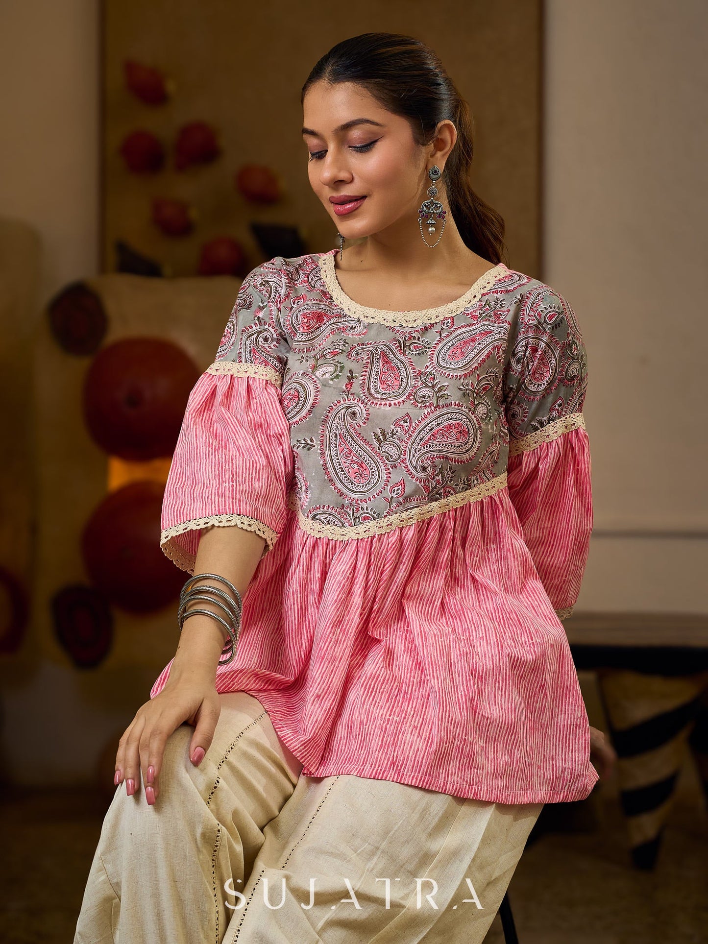 Graceful Pink Gathered Top Featuring A Paisley Printed Yoke And Coordinated Sleeves