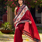 Chic Maroon Cotton Saree with Vibrant Ajrakh Kantha Patchwork & Madhubani Border