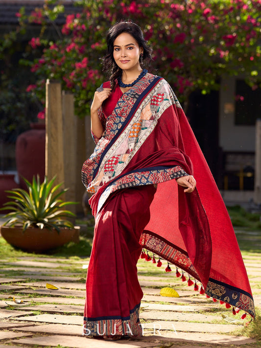 Chic Maroon Cotton Saree with Vibrant Ajrakh Kantha Patchwork & Madhubani Border