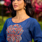 Ajrakh Appliqué Cotton Dress In Navy With Bell Sleeves And Mirror Embellishment