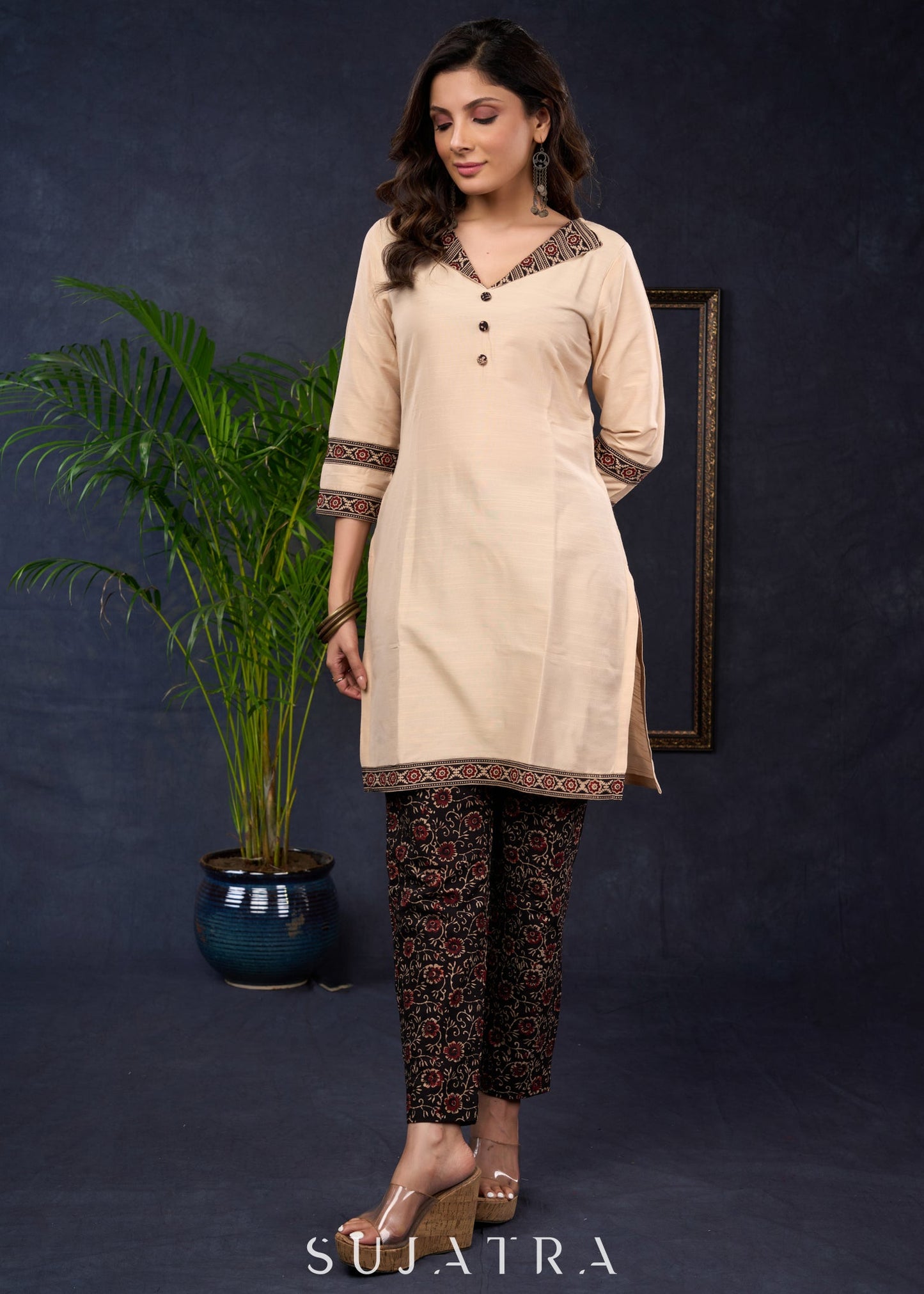 Elegant Beige Cotton Silk Ajrakh Combination Tunic - Pant Optional
