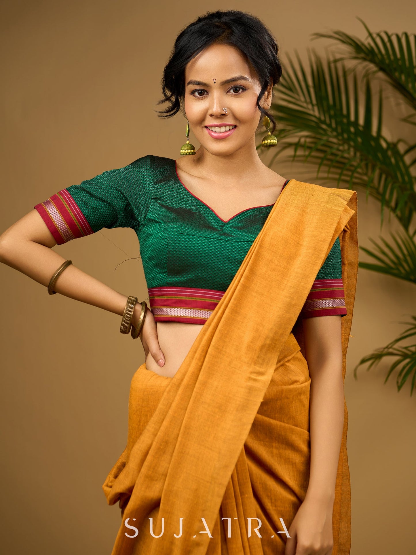 Traditional and evergreen green khun blouse - Optional Plain Saree