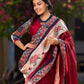Chic Maroon Cotton Saree with Vibrant Ajrakh Kantha Patchwork & Madhubani Border