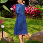 Ajrakh Appliqué Cotton Dress In Navy With Bell Sleeves And Mirror Embellishment