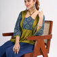 Olive Cotton Designer Top with Ajrakh Yoke and Statement Neckpiece-Tie Up Drawstring