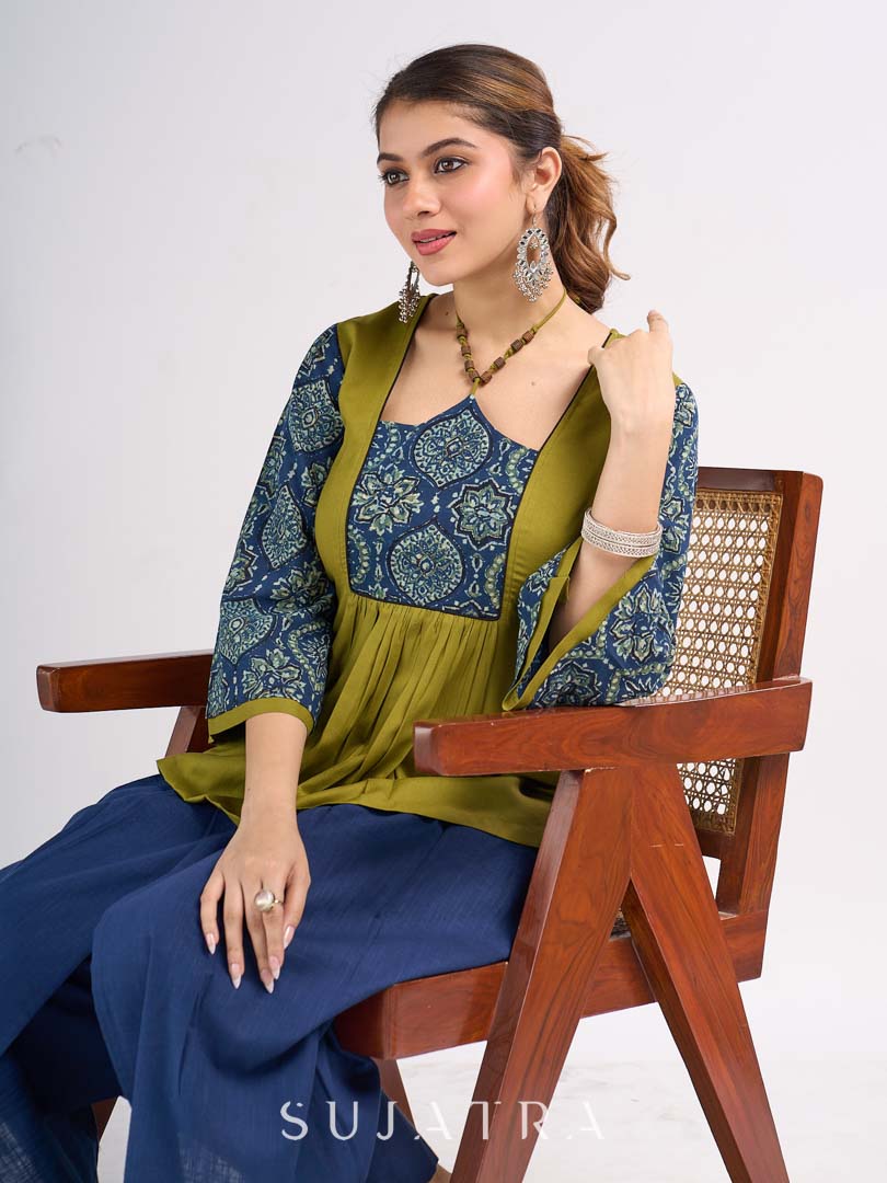 Olive Cotton Designer Top with Ajrakh Yoke and Statement Neckpiece-Tie Up Drawstring