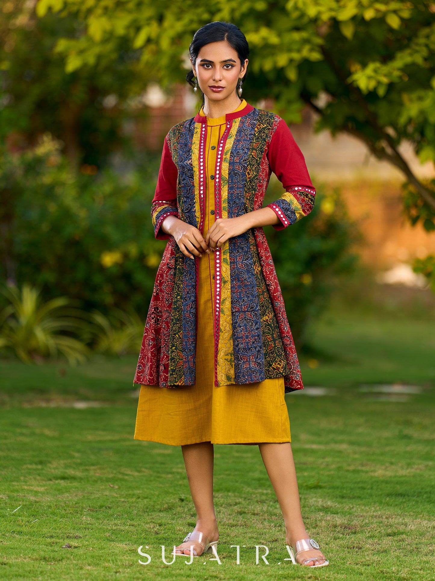 Vibrant Ajrakh Panel Jacket Embellished With Mirror Lace Highlights