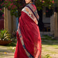 Chic Maroon Cotton Saree with Vibrant Ajrakh Kantha Patchwork & Madhubani Border