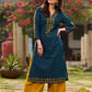 Classy Teal Cotton Hand Block Printed Kurta With Geometric Motifs On Neckline And Hem