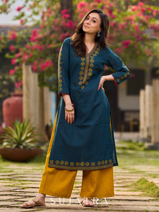 Classy Teal Cotton Hand Block Printed Kurta With Geometric Motifs On Neckline And Hem