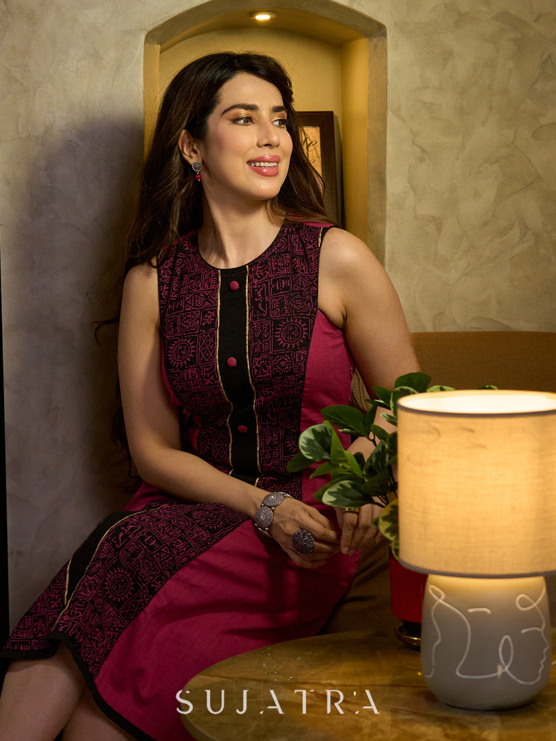 Bold Magenta Hand Block Printed Midi Dress with Black Tribal Panel Border