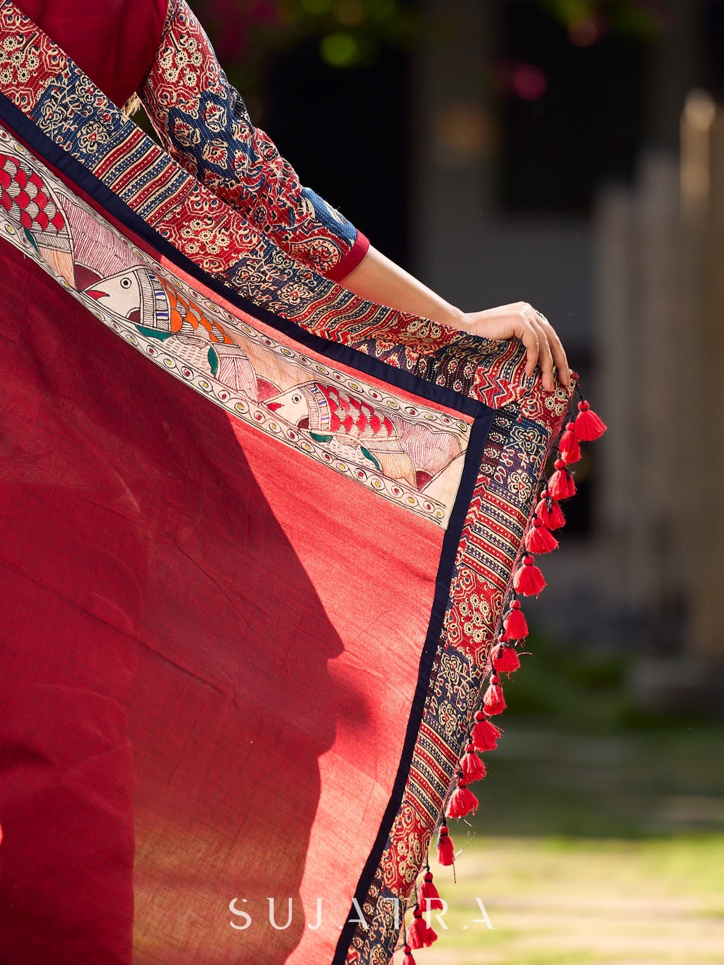 Chic Maroon Cotton Saree with Vibrant Ajrakh Kantha Patchwork & Madhubani Border