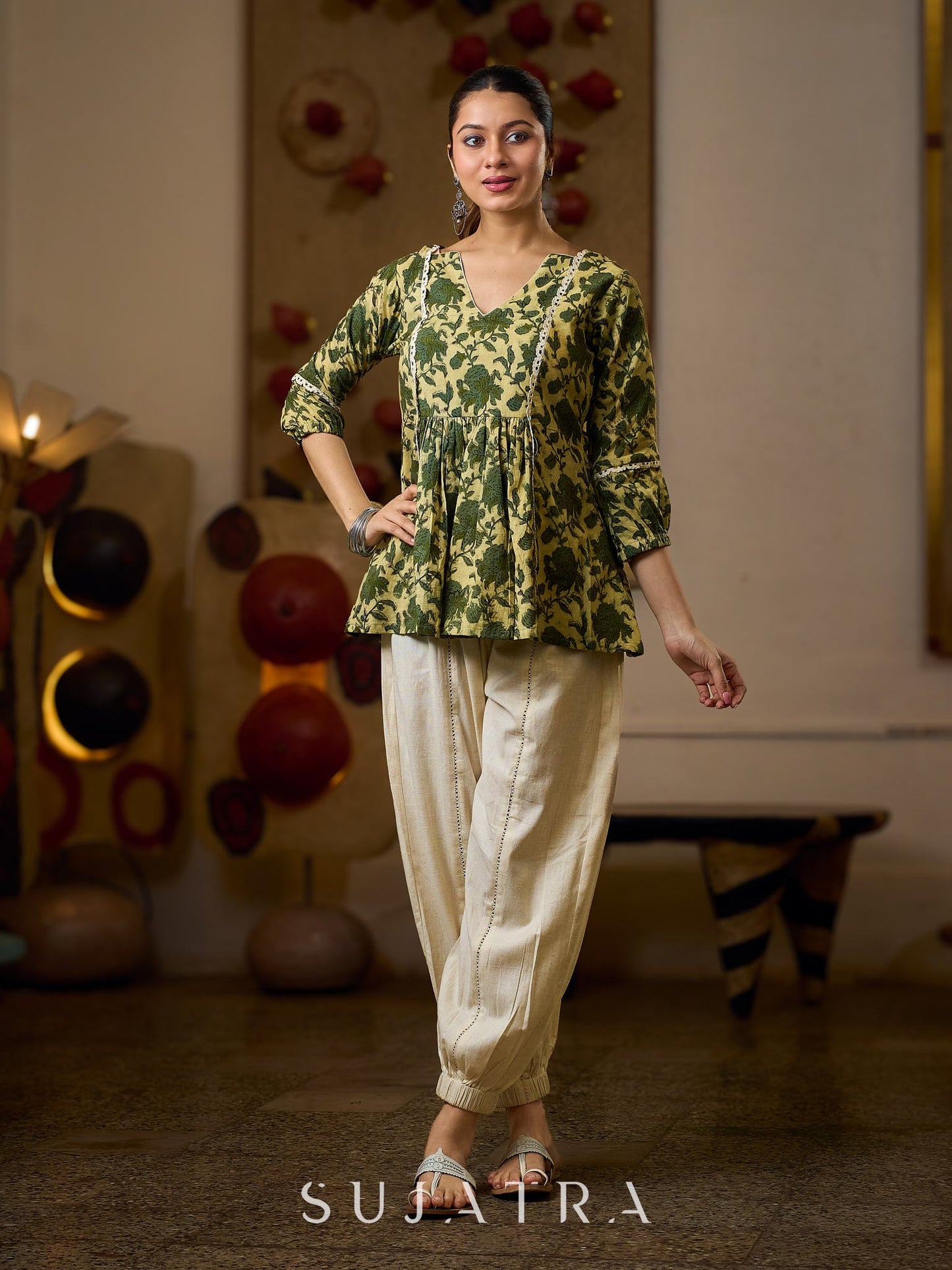 Elegant Cream And Olive Printed Gathered Top Adorned With Elegant Crochet Lace Highlights