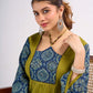 Olive Cotton Designer Top with Ajrakh Yoke and Statement Neckpiece-Tie Up Drawstring