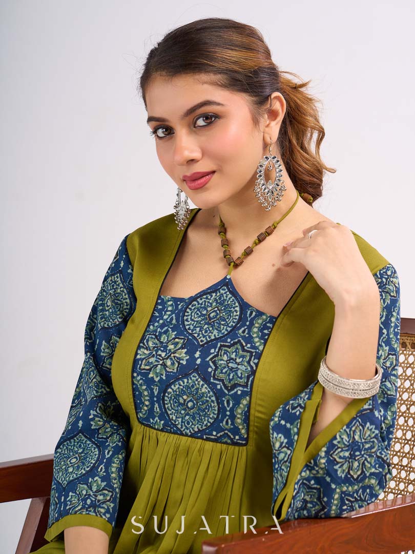 Olive Cotton Designer Top with Ajrakh Yoke and Statement Neckpiece-Tie Up Drawstring