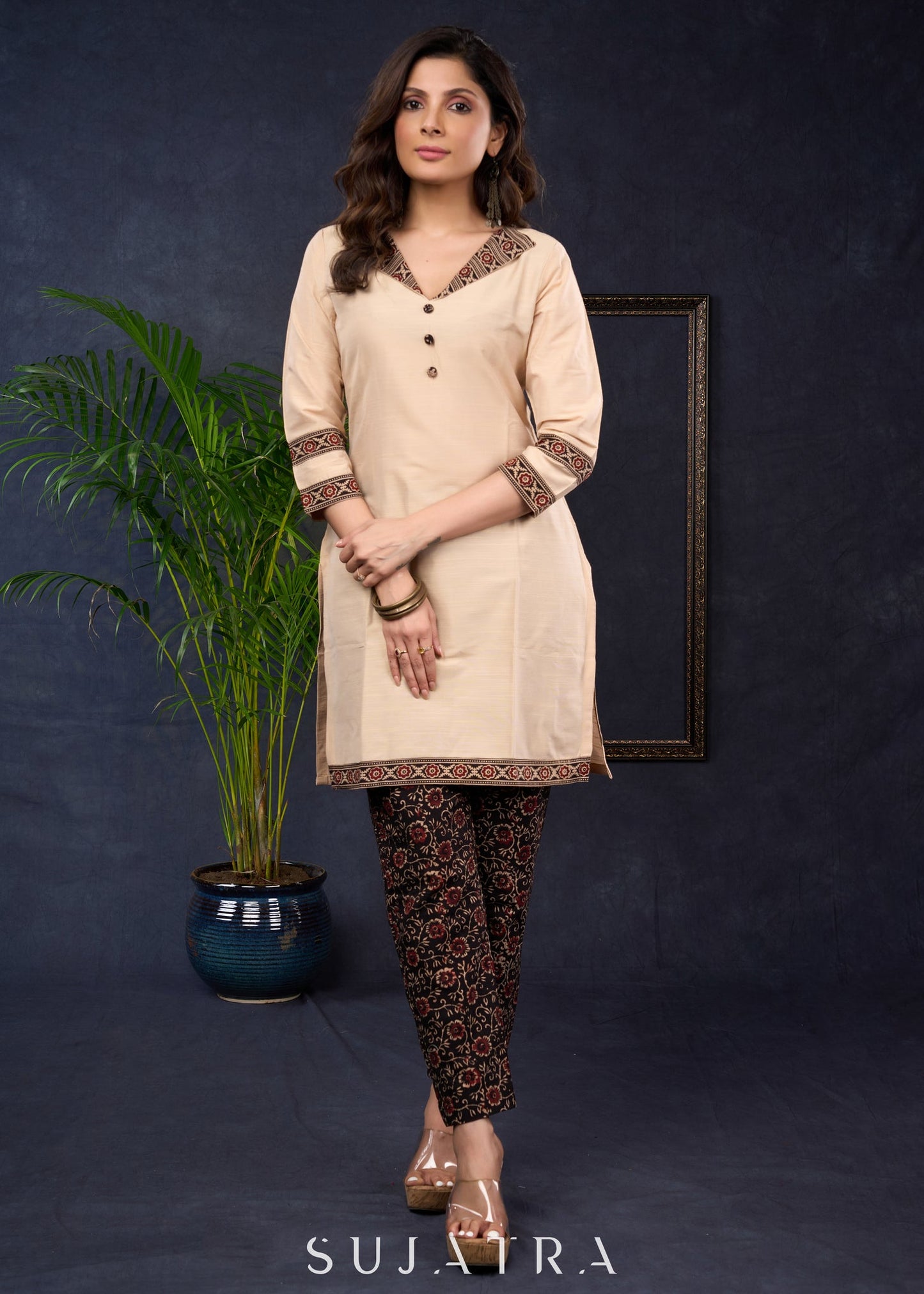 Elegant Beige Cotton Silk Ajrakh Combination Tunic - Pant Optional
