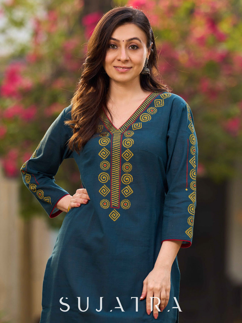 Classy Teal Cotton Hand Block Printed Kurta With Geometric Motifs On Neckline And Hem