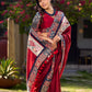 Chic Maroon Cotton Saree with Vibrant Ajrakh Kantha Patchwork & Madhubani Border
