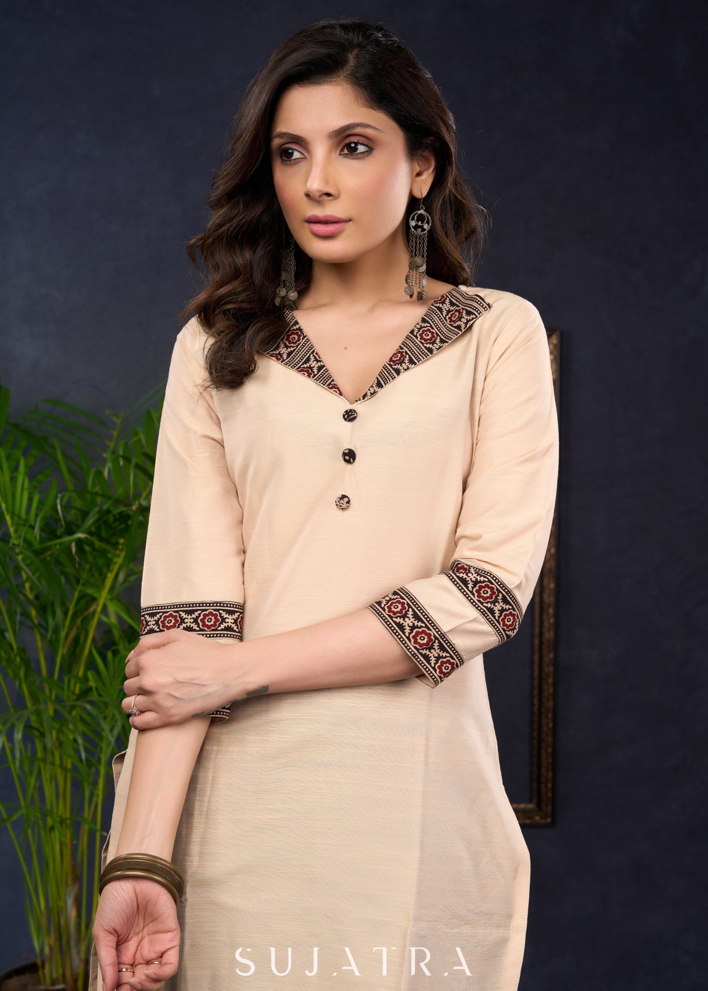Elegant Beige Cotton Silk Ajrakh Combination Tunic - Pant Optional