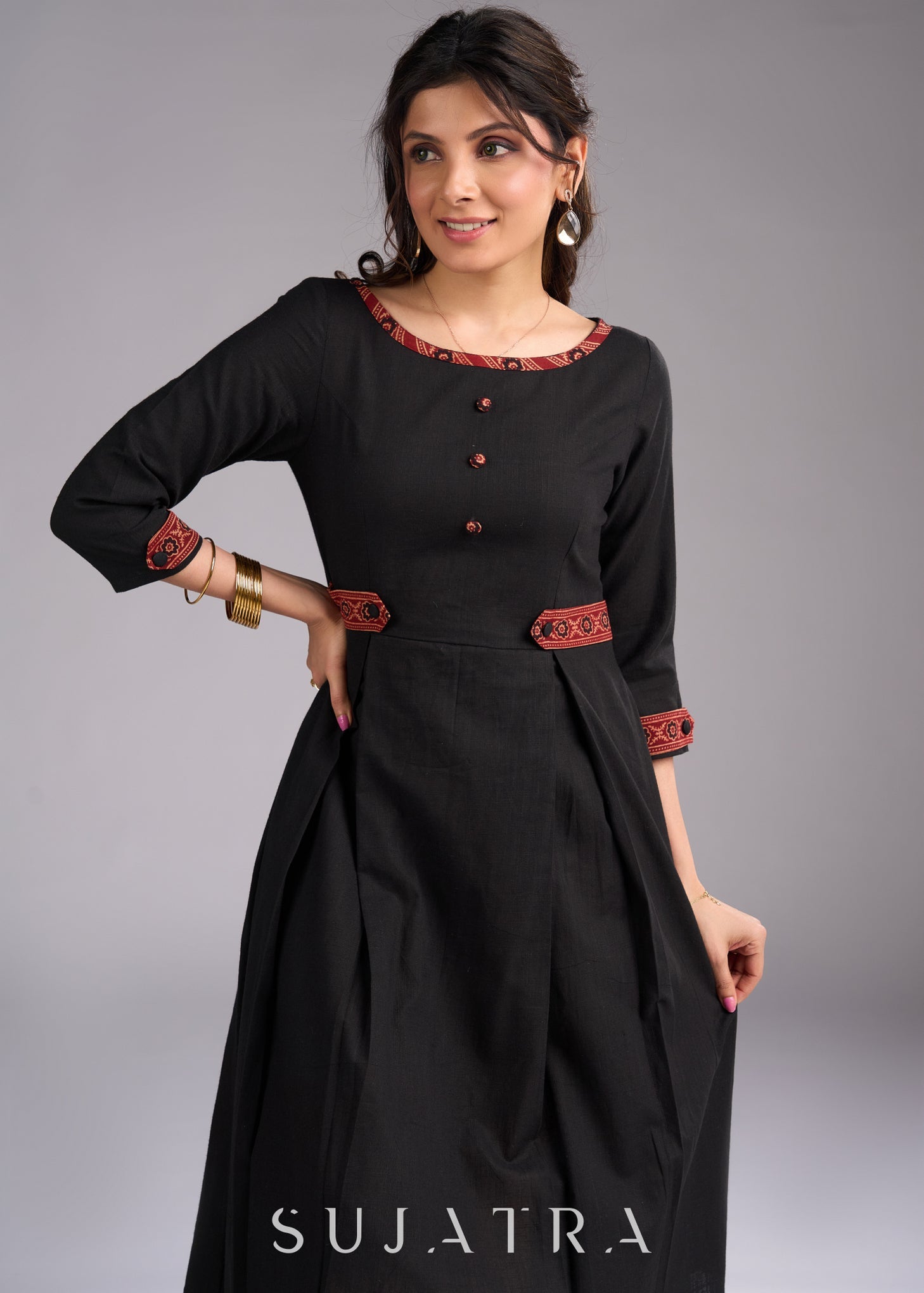 Timeless Black Cotton Dress with Maroon Ajrakh Accents – SujatraCA