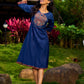Ajrakh Appliqué Cotton Dress In Navy With Bell Sleeves And Mirror Embellishment