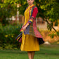 Exquisite Mustard Cotton Halter Dress Highlighted with Maroon Piping and Handcrafted Ajrakh Buttons - Jacket Optional
