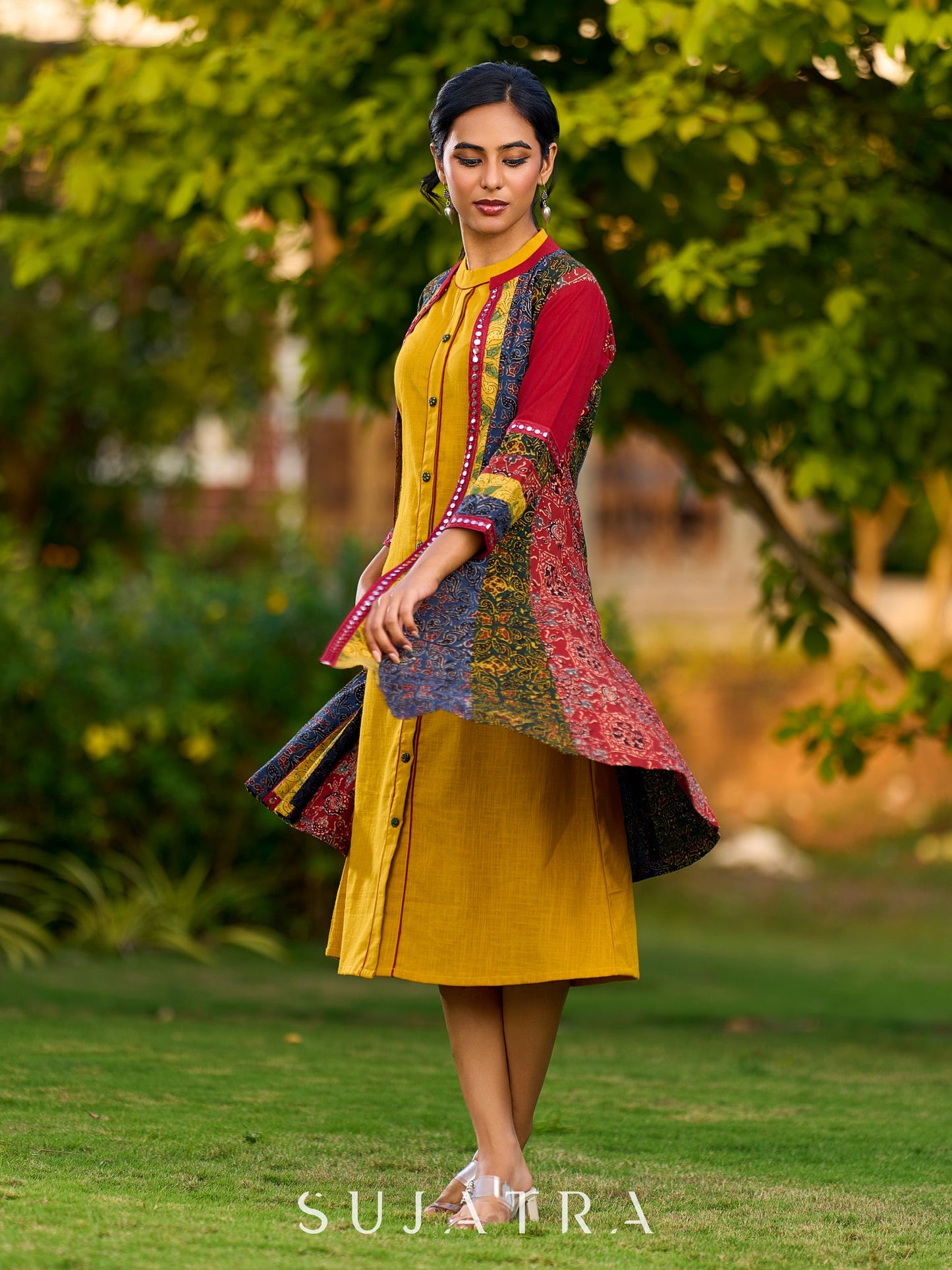 Exquisite Mustard Cotton Halter Dress Highlighted with Maroon Piping and Handcrafted Ajrakh Buttons - Jacket Optional