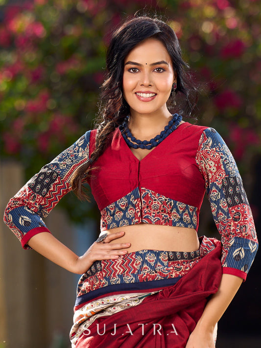 Classic Maroon Cotton Silk Blouse with Ajrakh Kantha Patchwork Accents