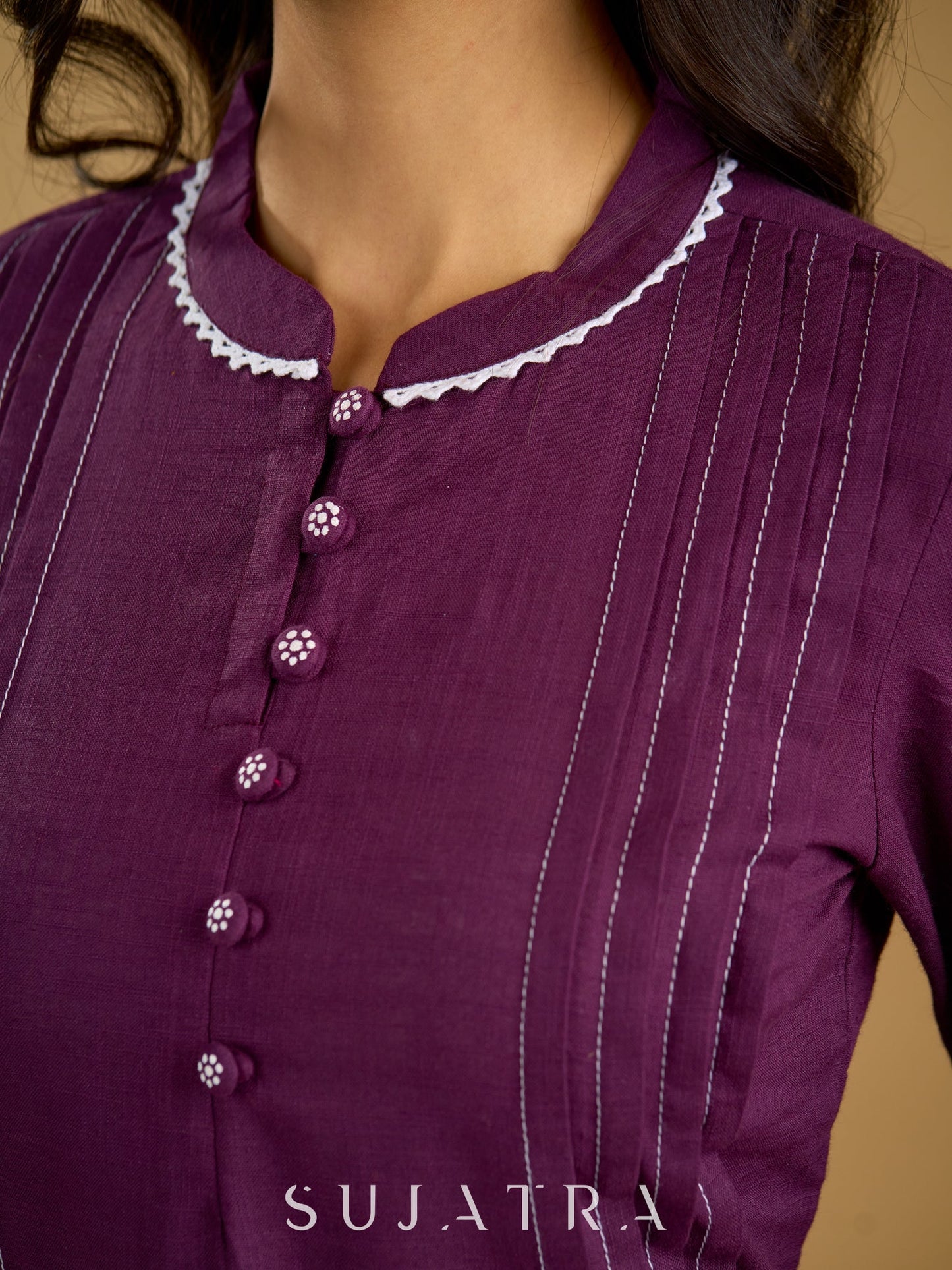 Elegant purple cotton top beautifully finished with delicate lace detailing