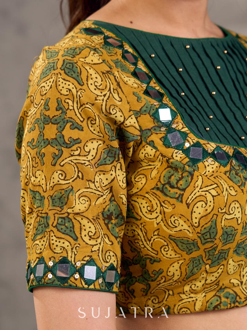 Mustard Ajrakh Print Cotton Blouse with Pintucks Detailing & Mirror Work
