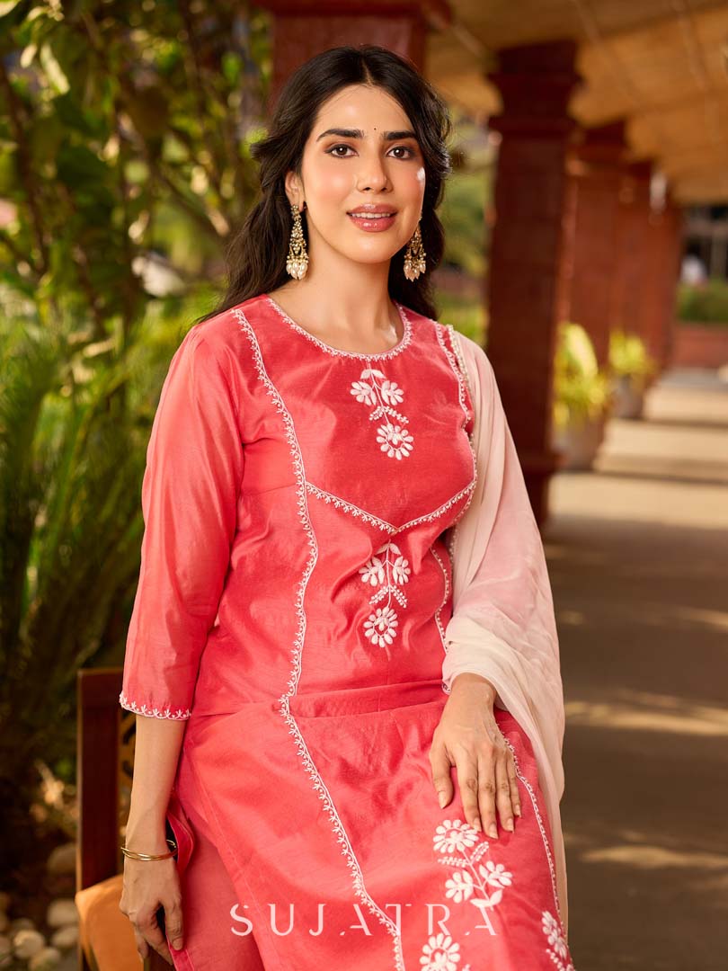 Minimal Coral Chanderi Kurta with Detailed Chikankari Embroidery & Soft Finish