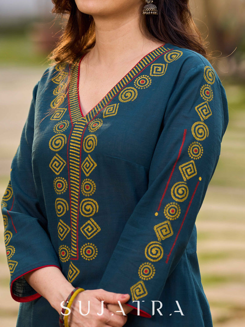 Classy Teal Cotton Hand Block Printed Kurta With Geometric Motifs On Neckline And Hem