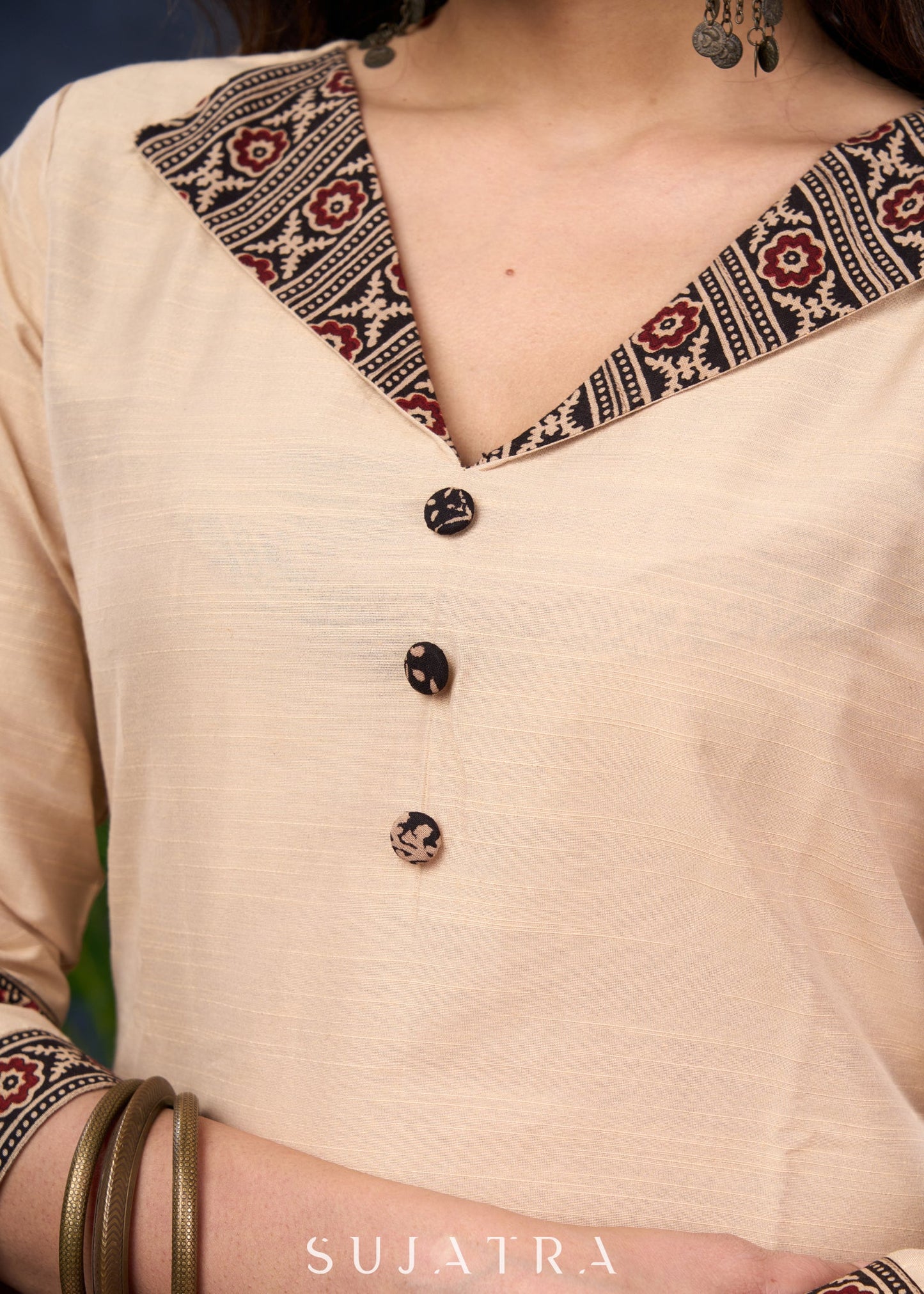Elegant Beige Cotton Silk Ajrakh Combination Tunic - Pant Optional