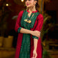 Elegant maroon cotton-silk kurta featuring a green Ikat patch and stand collar.