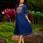 Ajrakh Appliqué Cotton Dress In Navy With Bell Sleeves And Mirror Embellishment